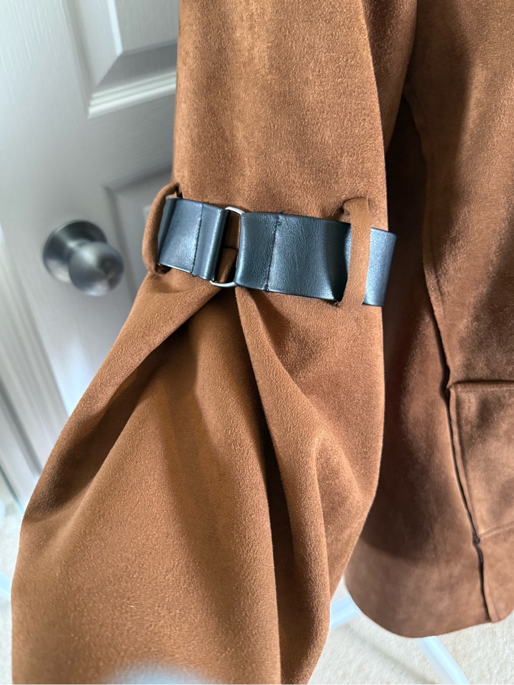 Joseph Ribkoff Chestnut Brown Suede Zip-Front Cape Jacket with Bell Sleeves - Picture 4 of 7